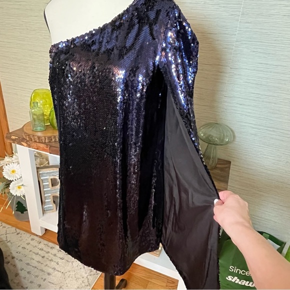 REISS Eva Sequin Cape One Shoulder Mini Dress in Blue Size 8 Party Holiday - Picture 6 of 8